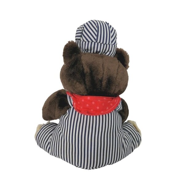 Train Engineer Railroad Brown Bear Striped Overalls Plush Stuffed Animal 9.5" - Picture 2 of 3